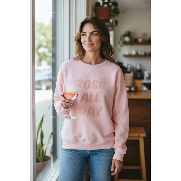 Green Tea Rosé All Day Pink Graphic Sweatshirt Large L Pullover Crewneck Fuzzy - Picture 2 of 11